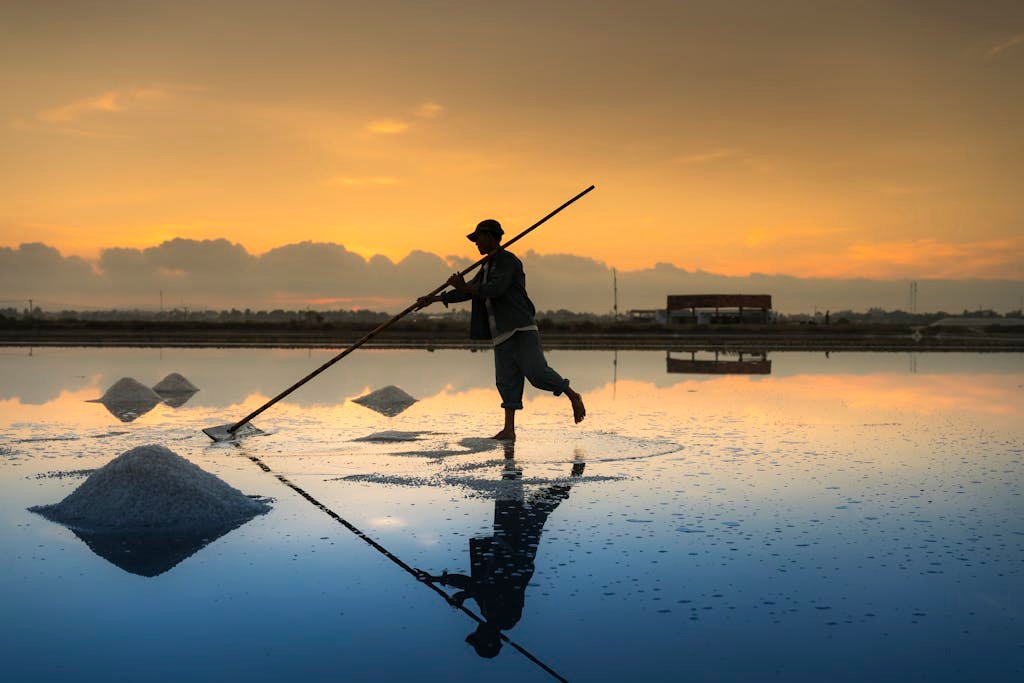 A farmer collects salt in a serene sunrise setting, with reflections on water creating a tranquil scene.