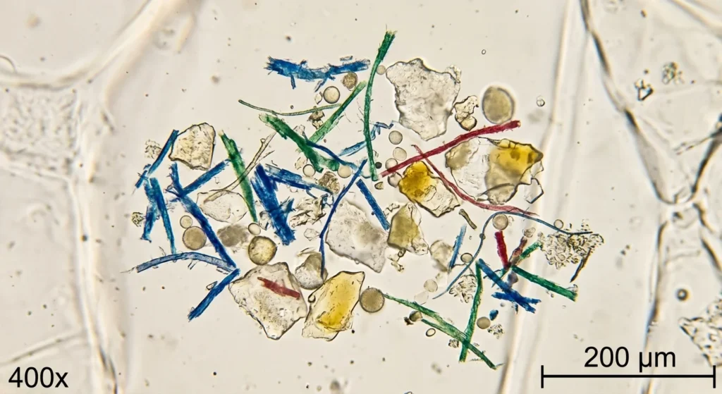 sudaki mikroplastik mikroskopla görünüm büyütülmüş görünüm