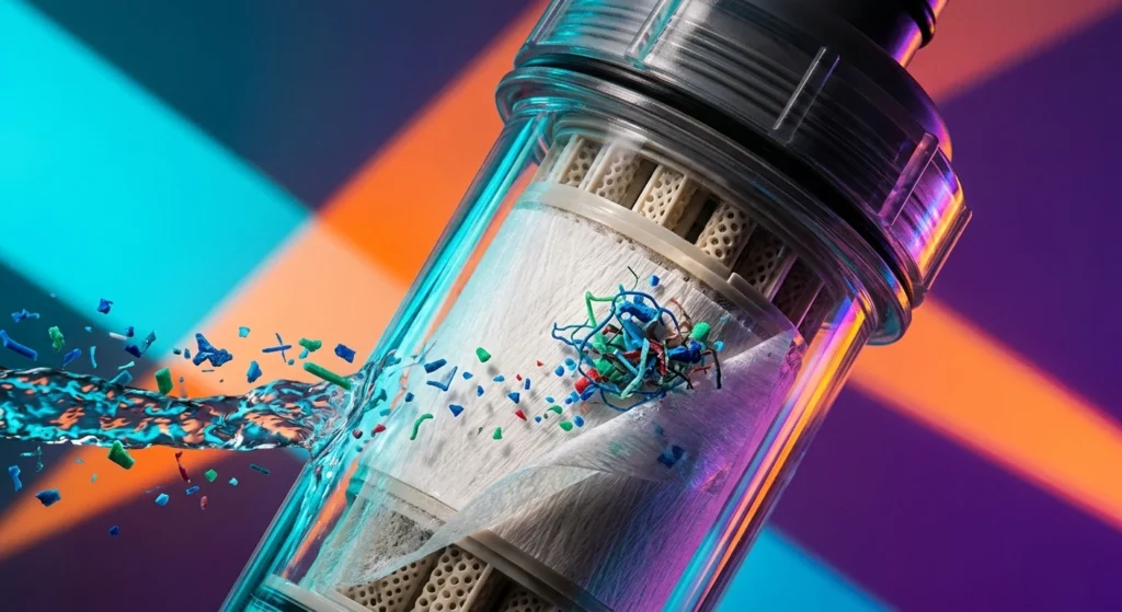 Su, gözenek boyutu yaklaşık 0,01-0,1 mikron olan yarı geçirgen bir membrandan geçirilir. Bu boyut aralığı, çoğu mikroplastik parçacığın yanı sıra bakteri ve bazı virüsleri de fiziksel olarak ayırmaya yeterlidir.